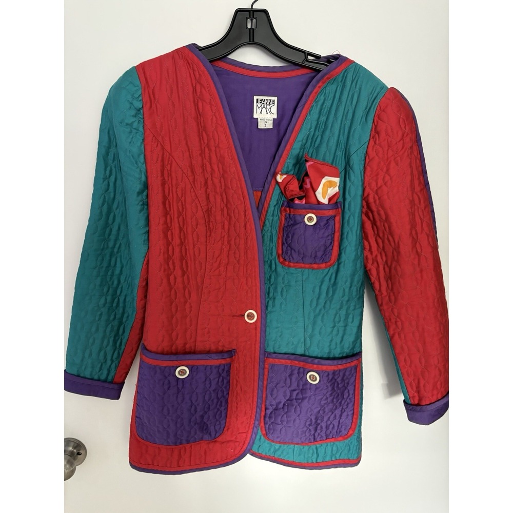 Vintage 80s Jeanne Marc Patchwork Quilted Blazer: 80s Red Teal Cotton Jacket 2P
